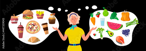 young girl chooses between healthy and unhealthy food. Vegetables, fruits vs fast food, pizza, burgers, nuggets, coffee. Black background. Female cartoon character.