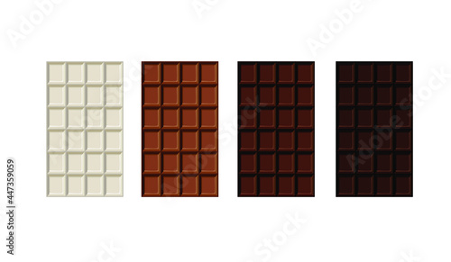 Vector Set of Different Chocolate Bars Isolated on White Background, White, Milk, Dark and Bitter Chocolate.
