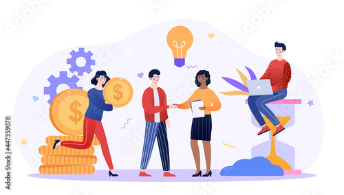 Successful business team. Time is money, financing and investment, business people woman and man shaking hands. Vector flat cartoon illustration