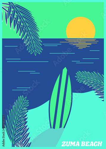 Sunset themed t-shirt for kids and teens with a surfboard stuck in the sand and palm trees on the beach, or a print, label design that can be used in various places.