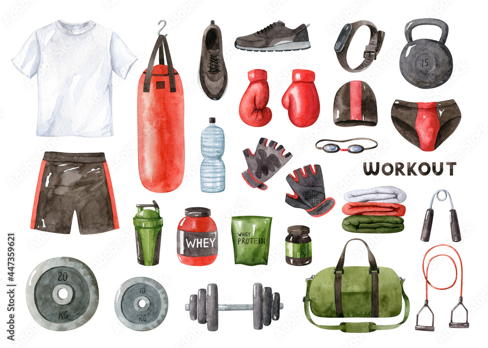 Gym accessories - watercolor clipart set. Fitness equipment, male training  clothes, sports nutrition isolated on white background. Hand drawn  illustration. Stock Illustration