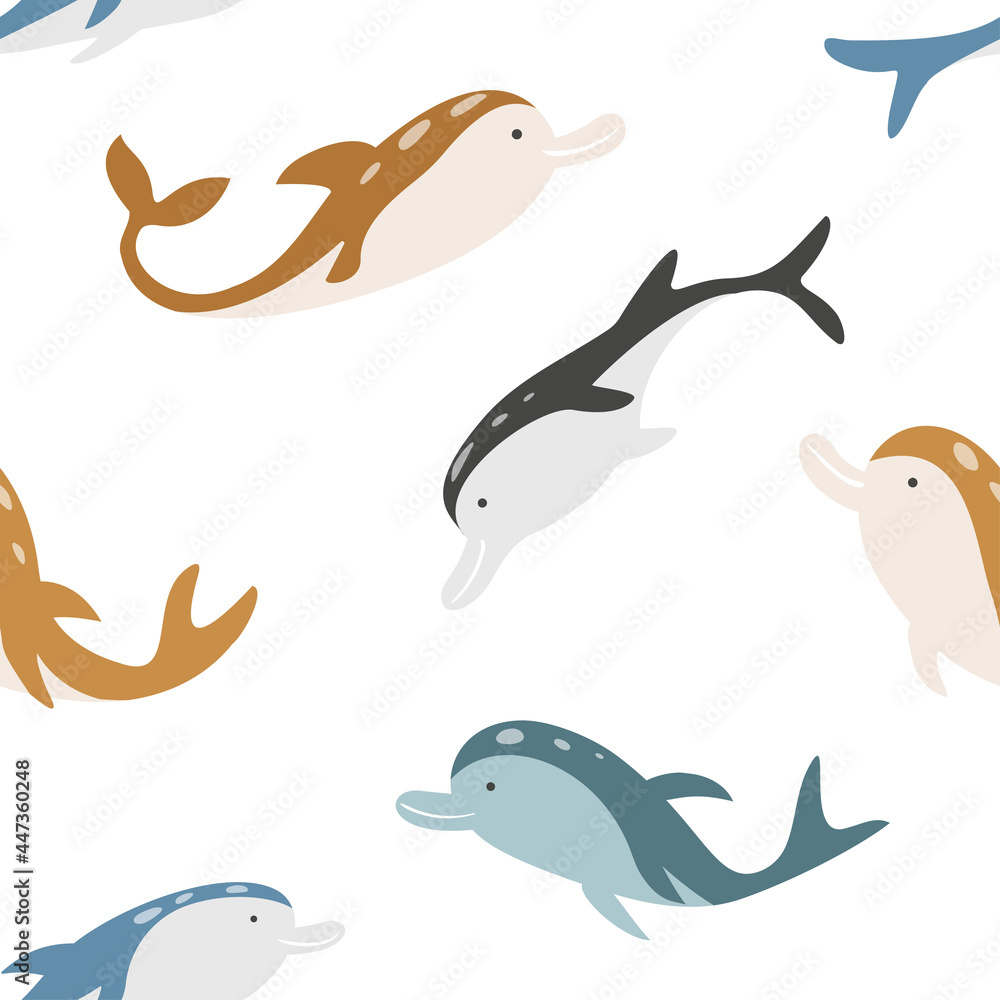 Seamless vector pattern with cute dolphins isolated on a white background. Vector flat illustration. Seamless vector pattern with cute dolphins isolated on a white background. Vector flat illustration.