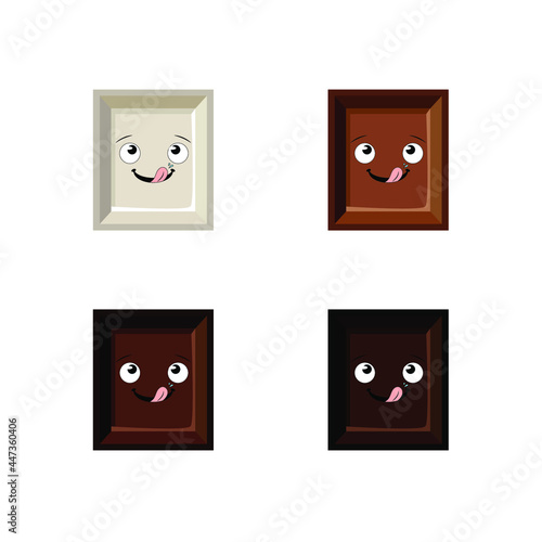 Vector Set of Different Chocolate Cubes with Licking Its Lips Face Isolated on White Background, White, Milk, Dark and Bitter Chocolate. 