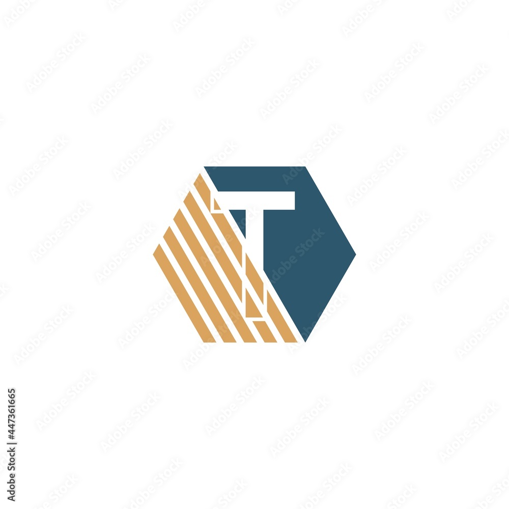 Letter T behind the hexagon with strip design