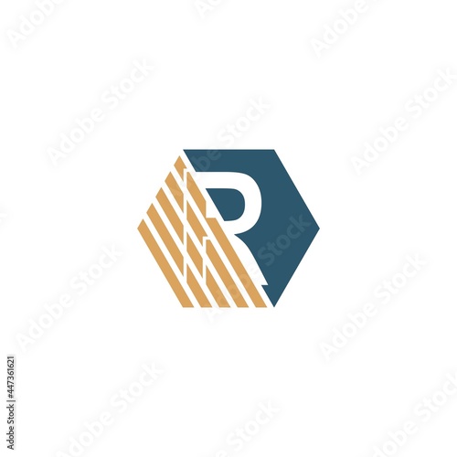 Letter R behind the hexagon with strip design © xbudhong