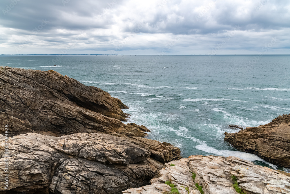 The Quiberon peninsula, in Brittany, beautiful seascape of the ocean, the rocky Cote sauvage 
