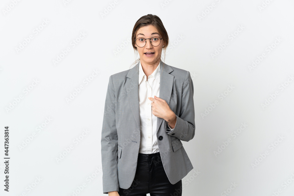 Business Ireland woman isolated on white background with surprise facial expression Business Ireland woman isolated on white background with surprise facial expression