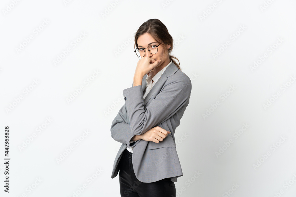 Business Ireland woman isolated on white background having doubts Business Ireland woman isolated on white background having doubts