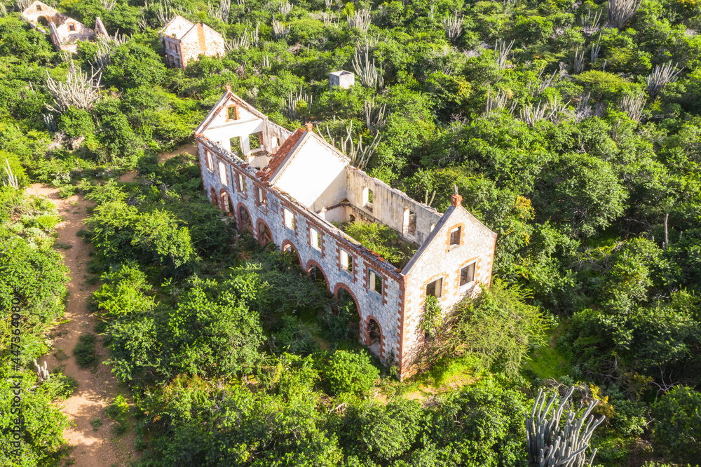 Aerial view above scenery of Curacao, the Caribbean with old ruins in mountains