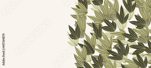 Floral web banner with drawn color exotic leaves. Nature concept design. Modern floral compositions with summer branches. Vector illustration on the theme of ecology, natura, environment