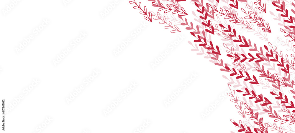 Floral web banner with drawn pink exotic leaves. Nature concept design. Modern floral compositions with summer branches. Vector illustration on the theme of ecology, natura, environment Floral web banner with drawn pink exotic leaves. Nature concept design. Modern floral compositions with summer branches. Vector illustration on the theme of ecology, natura, environment