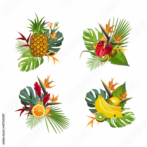 Fototapeta Naklejka Na Ścianę i Meble -  Set of ropical summer fruit bouquet with palm monstera leaves and exotic flowers. Vector illustration.
