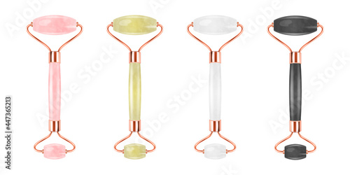 Vector 3d Realistic Gua Sha Jade Roller Scraping Massage Tool Set Isolated. Natural Pink Rose, Green, White, Black Quartz Stone Scrapers. Chinese Traditional Facial Lifting for Woman. Facial Acupoints