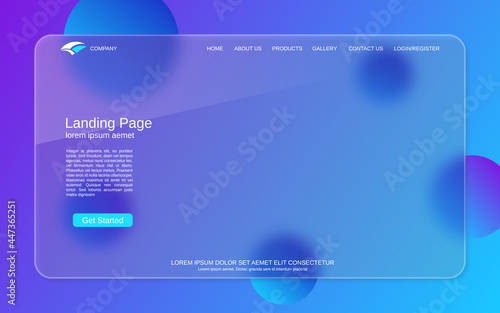 Website landing page vector template. Abstract colorful background for webpage and application with glassmorphism effect