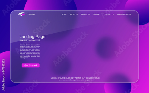Website landing page vector template. Abstract colorful background for webpage and application with glassmorphism effect
