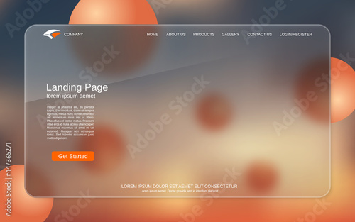 Website landing page vector template. Abstract colorful background for webpage and application with glassmorphism effect