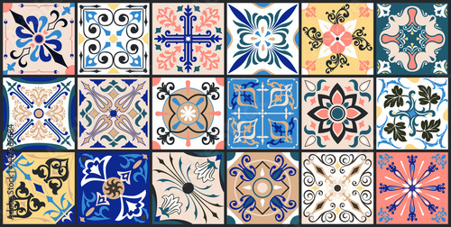 Seamless tiles background in portuguese style. Blue and white mosaic pattern. Tiles for ceramic in dutch, portuguese, spanish, italian style.