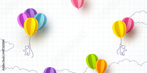 Back to school notebook background. Drawing children and flying colorful paper balloons banner. Vector doodle kids with 3d ballons on empty poster template