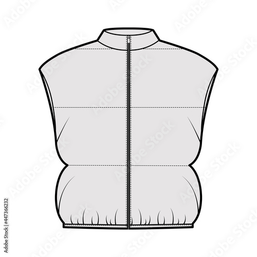 Down vest puffer waistcoat technical fashion illustration with sleeveless, stand collar, zip-up closure, crop length, wide quilting. Flat template front, grey color. Women, men, unisex top CAD mockup