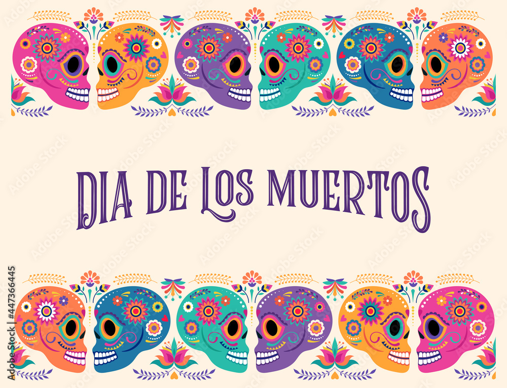 Obraz premium Day of the dead, Dia de los muertos, banner with colorful Mexican flowers. Fiesta, Halloween holiday poster, party flyer, funny greeting card