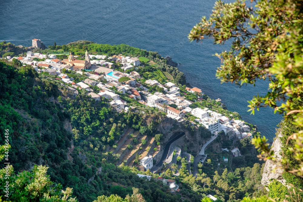 Amazing aerial view of Praiano from the path of the Gods, Amalfi Coast in summer season, Italy.