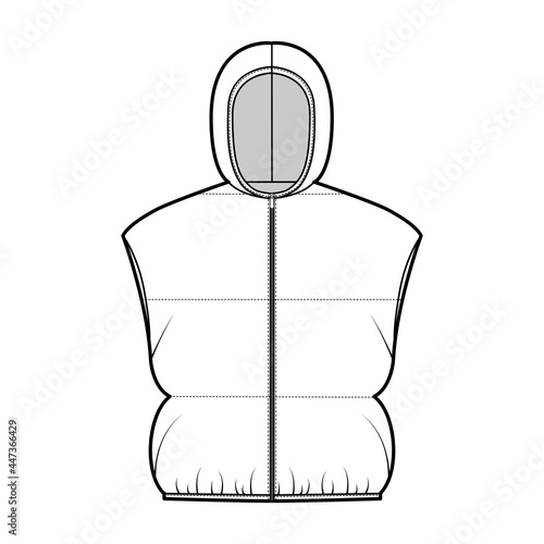 Hooded Down vest puffer waistcoat technical fashion illustration with zip-up closure, loose fit, crop length, wide quilting. Flat template front, white color style. Women, men, unisex top CAD mockup