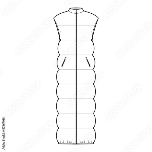 Down vest puffer waistcoat technical fashion illustration with sleeveless, zip-up closure, pockets, maxi length, wide quilting. Flat template front, white color style. Women men, unisex top CAD mockup