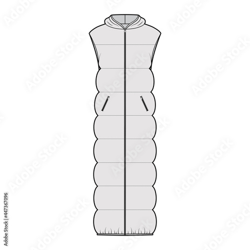 Down vest puffer waistcoat technical fashion illustration with sleeveless, hoody collar, zip-up closure, pockets, maxi length, wide quilting. Flat front, grey color. Women, men, unisex top CAD mockup