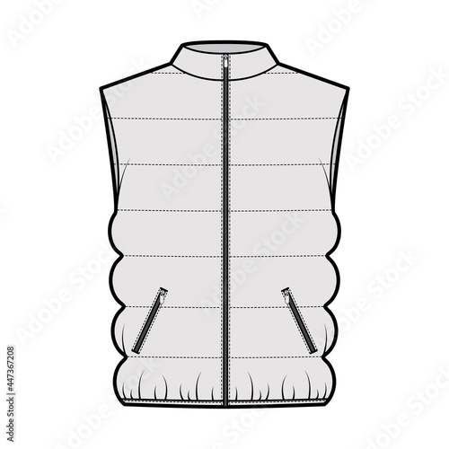 Down vest puffer waistcoat technical fashion illustration with stand collar, zip-up closure, pockets, oversized, classic quilting. Flat template front, grey color. Women, men, unisex top CAD mockup
