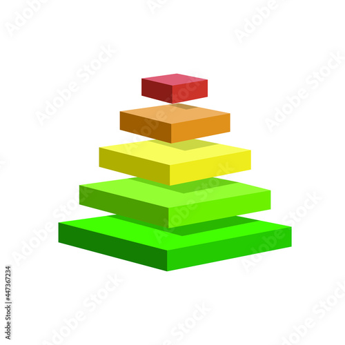 pyramid scheme 5 five steps. vector hierarchy level chart graph, green red yellow diagram structure. triangle 3d infographic illustration