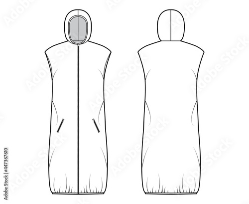 Down vest puffer waistcoat technical fashion illustration with sleeveless, zip-up closure, pockets, loose fit, knee length. Flat template front, back, white color style. Women, men, unisex CAD mockup