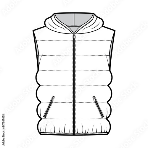 Hooded Down vest puffer waistcoat technical fashion illustration with sleeveless, loose fit, hip length, classic quilting. Flat template front, white color style. Women, men, unisex top CAD mockup