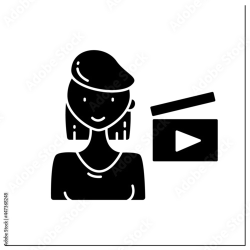 Film director glyph icon. Woman directors create and filming movies. Nice career. Successful woman concept. Filled flat sign. Isolated silhouette vector illustration