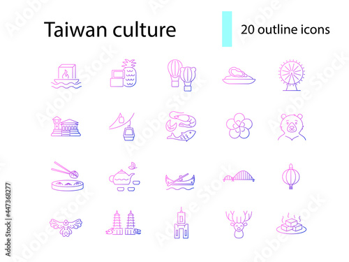 Taiwan outline icons set. Oriental specialty. Purple gradient symbol. Isolated vector illustration © Anastasia Gapeeva