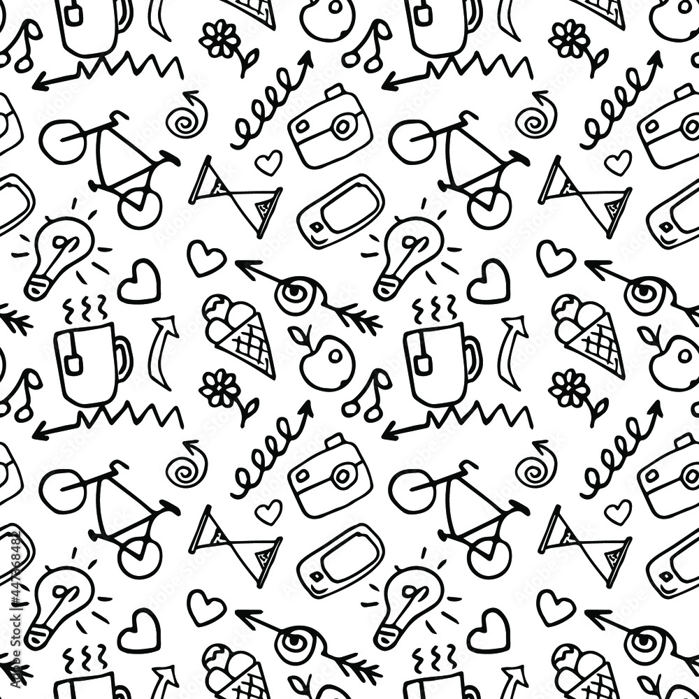 Seamless pattern, hand-drawn items of black color on a feminine theme on a white background