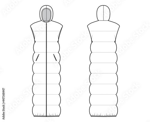 Down vest puffer waistcoat technical fashion illustration with hoody collar, zip-up closure, pockets, maxi length, wide quilting. Flat template front, back, white color style. Women men top CAD mockup