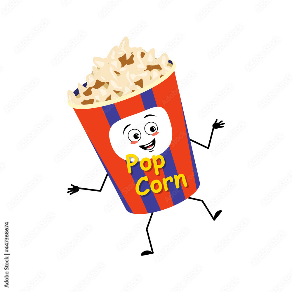 Cute popcorn character in a holiday box with happy emotions, dancing