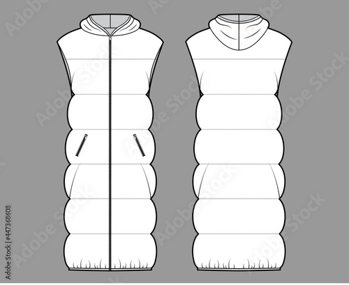 Down vest puffer waistcoat technical fashion illustration with sleeveless, hoody collar, zip-up closure, knee length, wide quilting. Flat template front, back, white color style. Women, unisex top CAD