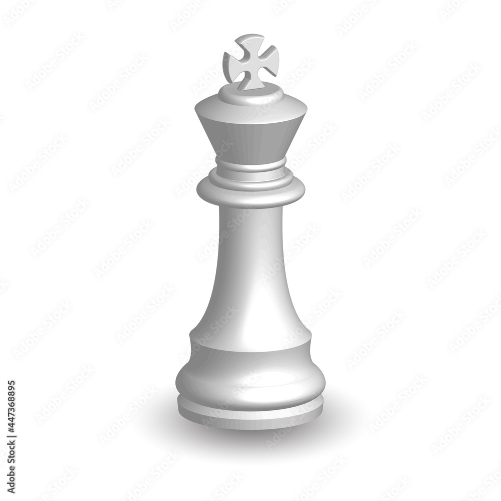 White chess piece king 3d on white background. Board game chess. Chess piece 3d render.Vector illustration. Sport play. White chess piece king 3d on white background. Board game chess. Chess piece 3d render.Vector illustration. Sport play.