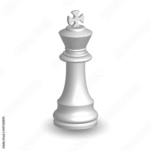 White chess piece king 3d on white background. Board game chess. Chess piece 3d render.Vector illustration. Sport play. 