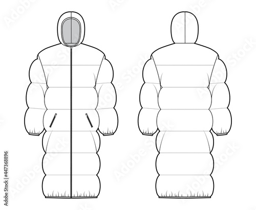 Down puffer coat jacket technical fashion illustration with long sleeves, hoody collar, zip-up closure, oversized, knee length. Flat template front, back, white color style. Women, men, unisex top CAD