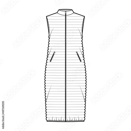 Down vest puffer waistcoat technical fashion illustration with zip-up closure, pockets, midi length, narrow quilting. Flat template front, white color style. Women, men, unisex CAD mockup