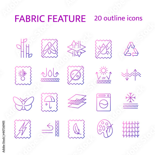Fabric qualities outline icons set. Textile industry. Silk, natural dye, breathable material