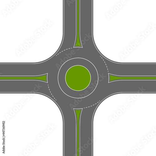 Empty roundabout top view. Circular traffic intersection. Round road junction isolated on white background. City map element. Vector flat illustration.  photo