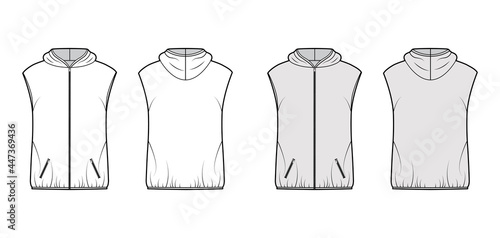 Hooded Down vest puffer waistcoat technical fashion illustration with zip-up closure, pockets, oversized body, hip length. Flat template front, back, white, grey color style. Women, men top CAD mockup