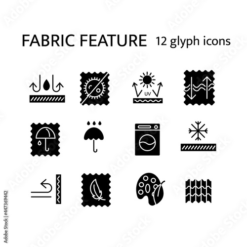 Fabric properties glyph icons set. Fiber diversity. Natural dye, snowproof fiber. Antimicrobial wear