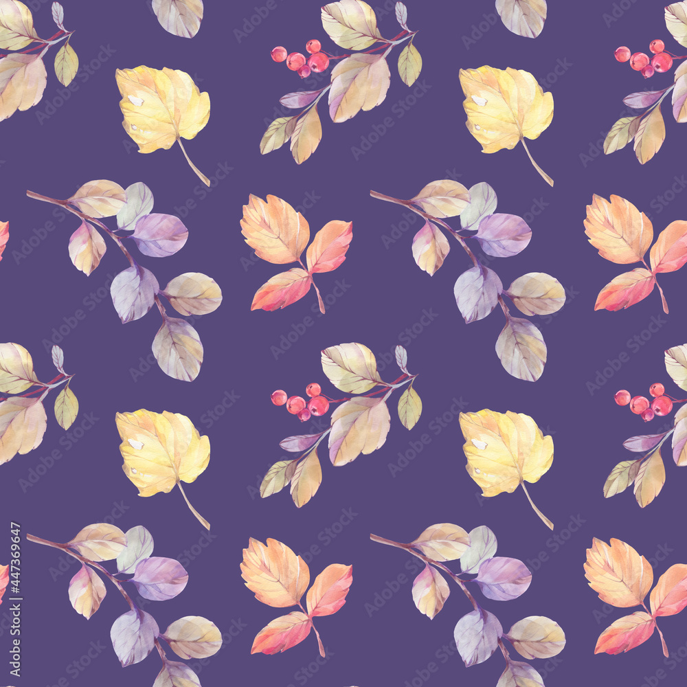 Autumn leaves seamless pattern. Bright background of watercolor autumn leaves. Beautiful background of colorful leaves for design, print, wallpaper, packaging.