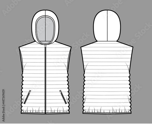 Down vest puffer waistcoat technical fashion illustration with sleeveless, hoody collar, zip-up closure, hip length, narrow quilting. Flat template front, back, white color. Women, men, unisex top CAD
