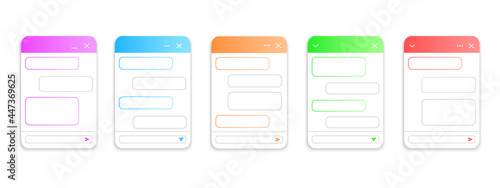Set of chatbot window mockups. Life chat forms with message bubbles. Virtual assistant bot, online customer support conversation layouts. Mobile messenger app design. Vector illustration.