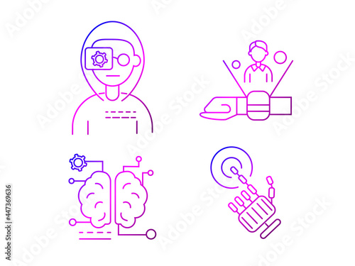 Cyberpunk outline icons set. Futuristic watch. Exoskeleton and high tech technology. Bio-robot gadgets